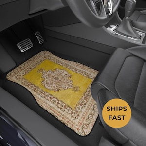 Gold Oriental Rug Car Floor Mats, Personalized Interior Decor, Custom Design, Set of 4