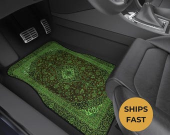 Green Oriental Rug Car Floor Mats, Personalized Interior Decor, Custom Design, Set of 4