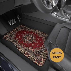 Red Oriental Rug Car Floor Mats, Personalized Interior Decor, Custom Design, Set of 4