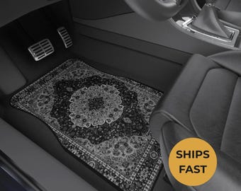Black Oriental Rug Car Floor Mats, Personalized Interior Decor, Custom Design, Set of 4