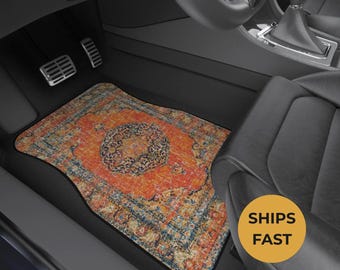 Orange Oriental Rug Car Floor Mats, Personalized Interior Decor, Custom Design, Set of 4