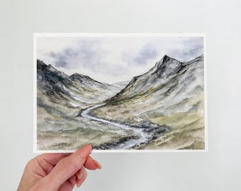 Original Watercolor Landscape Painting: Mountain River Valley Art (5x7) Giclée Watercolor Print