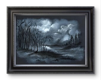 月の絵画 夜の風景 水彩画 アートプリント スペリオル湖 壁アート 月光