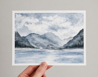 Original Mountain Lake Watercolor Painting: Abstract Landscape Art (5x7 in)