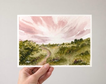 Original Watercolor Landscape Painting: Small Landscape Art, Countryside Art (5x7)
