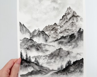 オリジナル水彩画：霧の風景画（8x10）山の風景画、山好き - Etsy 日本