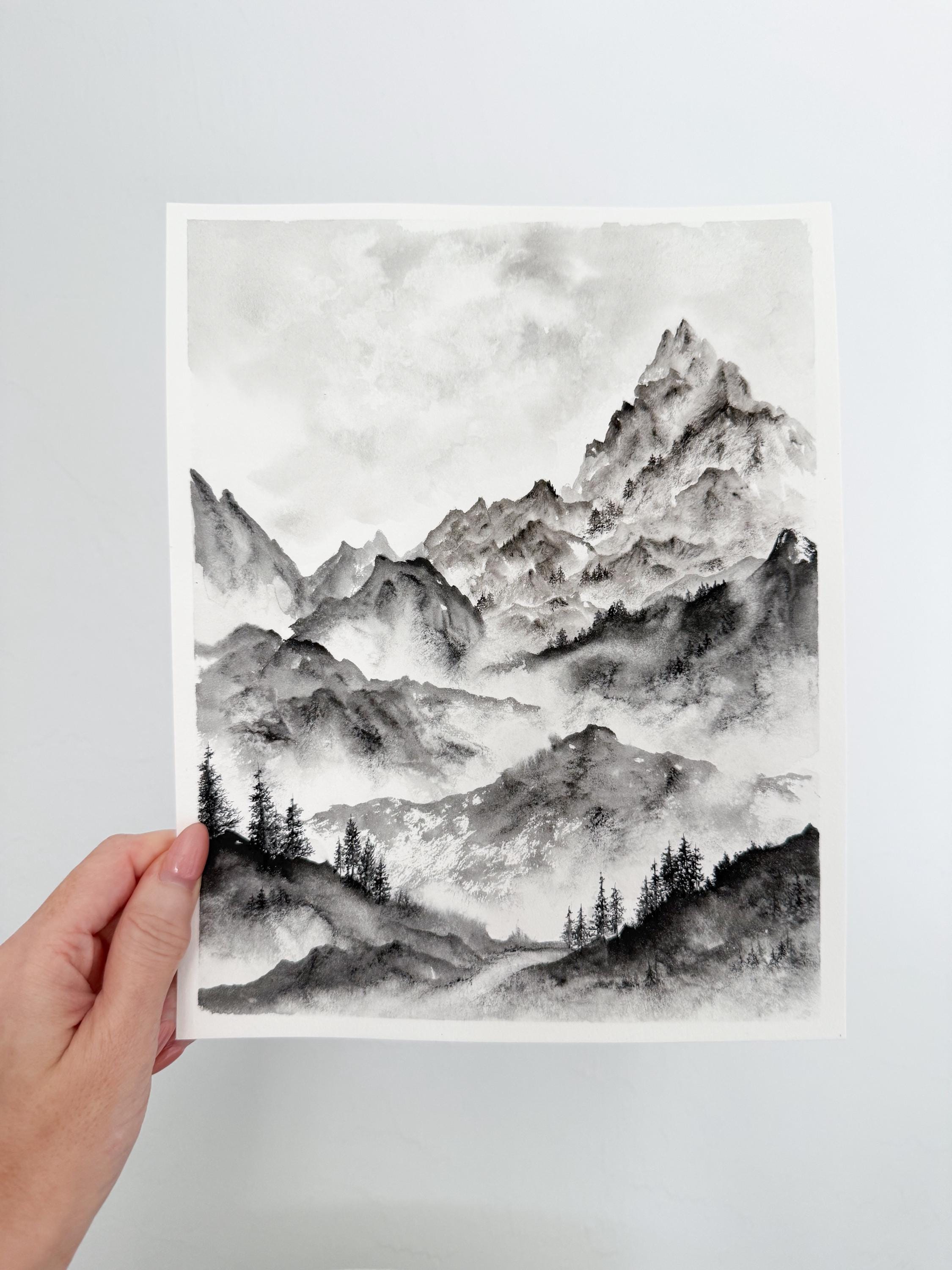 オリジナル水彩画：霧の風景画（8x10）山の風景画、山好き - Etsy 日本