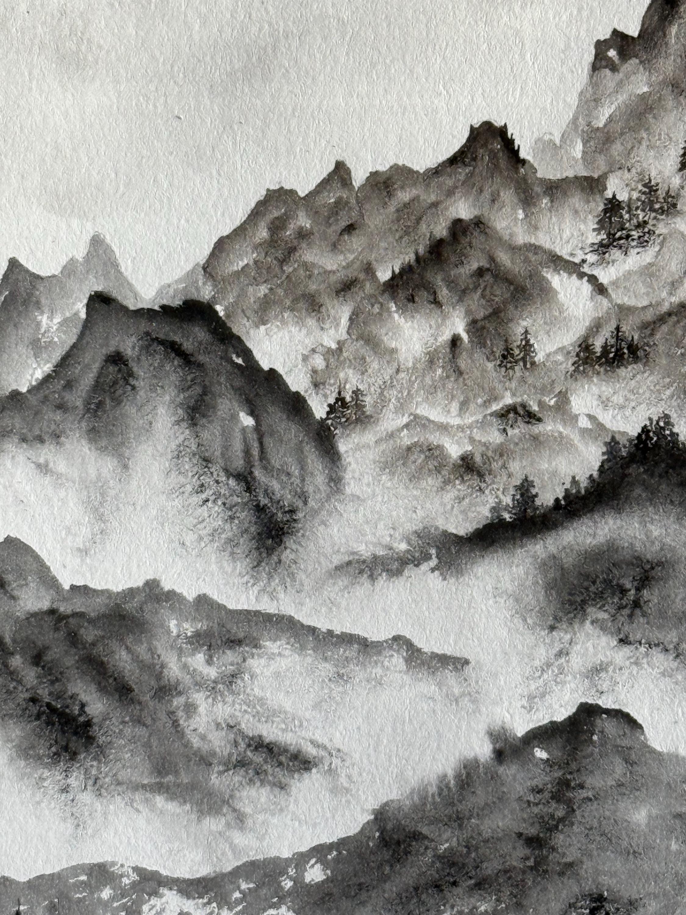 オリジナル水彩画：霧の風景画（8x10）山の風景画、山好き - Etsy 日本
