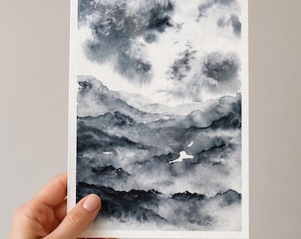 Pintura em aquarela monocromática de montanha: Arte abstrata de paisagem (5x7)