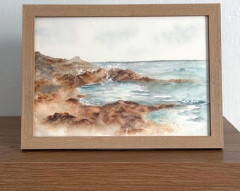 Original Aquarell Gemälde: Erdfarbene Küstenlandschaft (7x10)