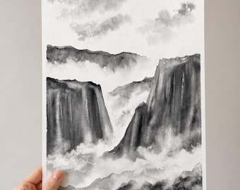 Pintura de paisaje de montañas brumosas: Arte de niebla brumosa (8x10) Paisaje de acuarela original / Pintura de paisaje de niebla