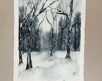 Winterwald Aquarell Kunst Druck: Verschneite Landschaft Giclée (5x7) Winterlandschaft Druck meines Original Gemäldes | Weihnachtsgeschenk