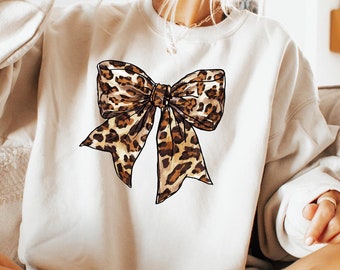 Leopard Coquette Bow Sweatshirt, Coquette T-shirt, Leopard Ribbon Shirt, Retro Comfort Tee, Coquette Sweater, Aesthetic Women Gift
