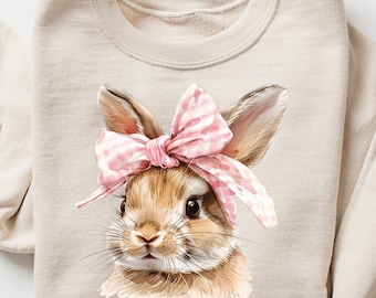 Easter Bunny Sweatshirt, Retro Easter T-shirt, Coquette Bow Bunny Shirt, Easter Matching Gift, Woman's Easter Day Outfit, Bunny Crewneck