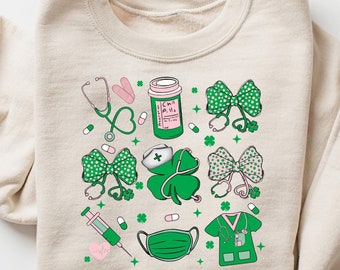 Sudadera de enfermera de la suerte, camiseta de enfermera de San Patricio, camiseta de enfermera con trébol, atuendo de agradecimiento para enfermeras, regalo de enfermera irlandesa, camiseta retro de enfermera de la suerte