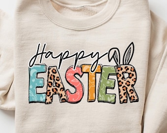 Frohe Ostern Sweatshirt, Damen Oster-T-Shirt, Osterhase Shirt, Leopard Hase T-Shirt, lustiges Ostergeschenk, Leopard Ostern Passendes Rundhalsausschnitt