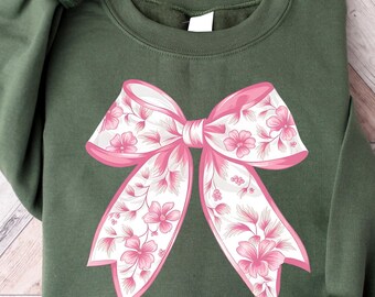 Coquette Rosett-tröja, söt Coquette-t-shirt, trendig kvinnoskjorta, estetisk mjuk tjejoutfit, blommig mammapresent, blommig Coquette-tröja med rosett