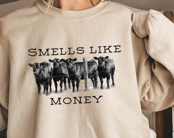 Sudadera retro cómoda de vaca, camiseta con olor a dinero, camiseta estética para mujer, camiseta divertida de vaca, regalo sarcástico para mamá, sudadera con capucha de vaca de las Tierras Altas