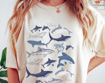 Camiseta bohemia de tiburón, camiseta estética de tiburón, camiseta retro de tiburones, sudadera para amantes del océano, regalo para amantes de los tiburones, camiseta retro de tiburón marino