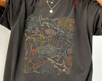 Camiseta bohemia de tiburón cómoda, camiseta gráfica de tiburón, regalo de biólogo marino, camiseta para amantes del océano, sudadera genial de tiburón, camiseta retro para amantes de los tiburones
