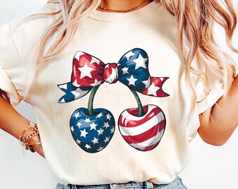 Retro Comfort USA Cherry T-shirt, Coquette Bow America Shirt, Cherry USA Sweatshirt, 4th Of July Gift, Patriotic Women Tee, Freedom Shirt