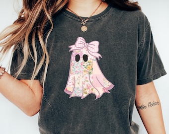 Pink Coquette Bow Ghost Shirt, Cute Ghost Sweatshirt, Spooky Season Gift, Halloween Coquette Ghost Tshirt, Halloween Pink Ghost Crewneck