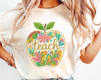 Camisa cómoda con estampado floral de manzana para enseñar, camisetas lindas para maestros, camiseta cómoda para maestros, camisetas para enseñar, camiseta para enseñar, enseñar