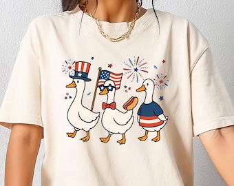 Retro Comfort Silly Goose Shirt, 4th Of July T-shirt, Patriotic Goose Crewneck, Women's Independence Day Gift, American Flag Shirt
