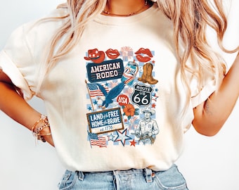 Camiseta retro cómoda del Día de la Independencia, camiseta de vaquera americana, regalo del 4 de julio, camiseta patriótica de vaquera, camiseta de rodeo americana