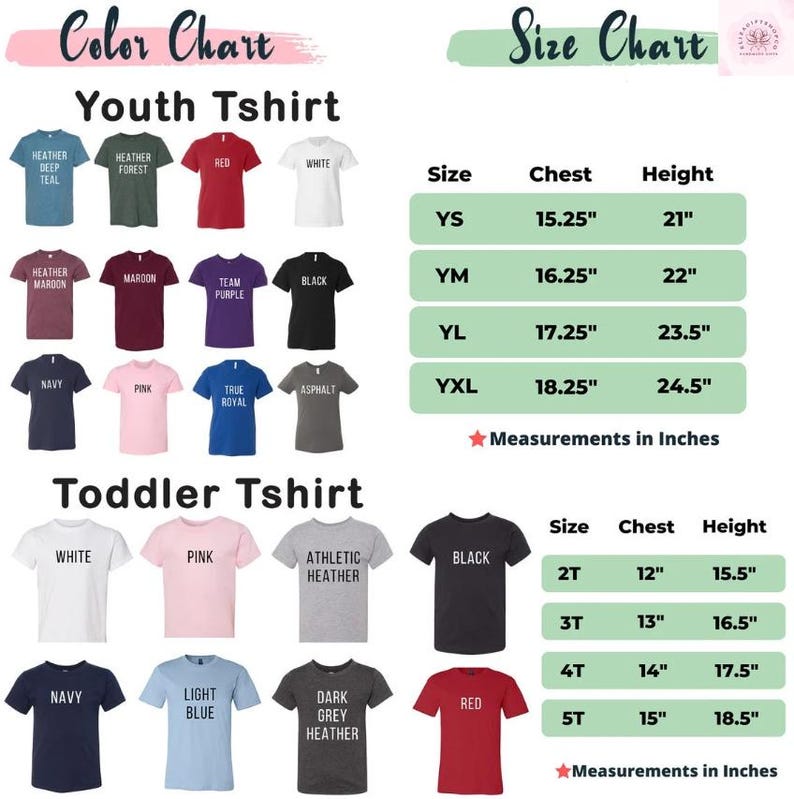 Puede incluir: Una tabla de colores y una tabla de tallas para camisetas juveniles y para ni&ntilde;os peque&ntilde;os. La tabla de colores muestra varios colores de camisetas, incluyendo rojo, blanco, negro, azul marino y rosa. La tabla de tallas proporciona medidas de pecho y altura en pulgadas.