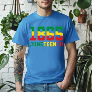 May include: A light blue t-shirt featuring the text "1865 JUNETEENTH" in green, yellow, and red. The shirt has a crew neck and is made of a soft fabric.