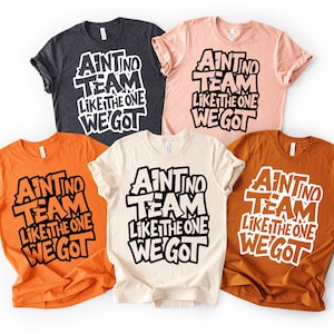 May include: Five t-shirts in various colors: charcoal, peach, orange, cream, and rust. Each shirt features the text "Aint No Team Like The One We Got" in a bold, stylized font, with a black outline.
