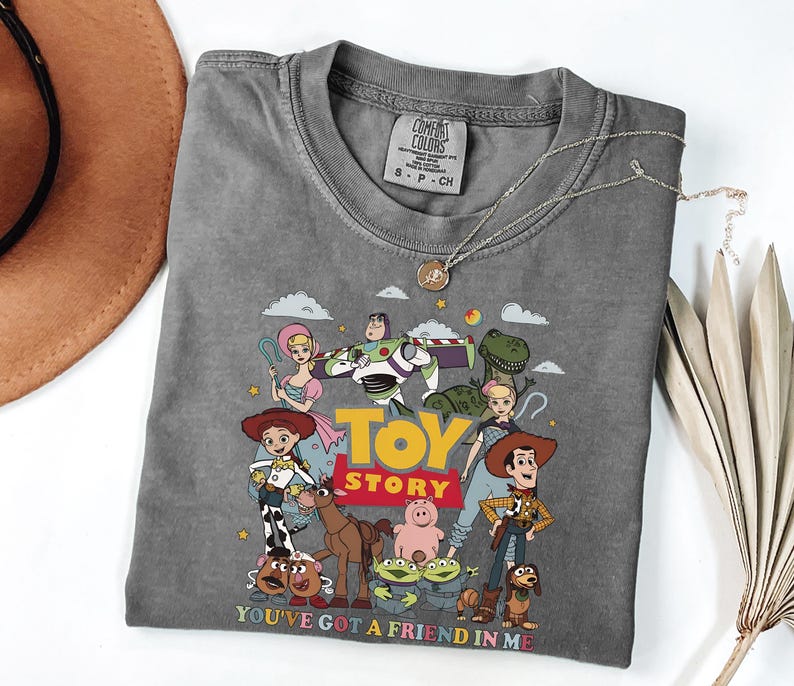 Może przedstawiać: Szara koszulka z kolorową grafiką postaci z filmu "Toy Story", w tym Woody'ego i Buzza Astrala. Projekt zawiera tekst "TOY STORY" i "YOU'VE GOT A FRIEND IN ME". Srebrny naszyjnik jest na koszulce. Rozmiar S-P-CH.