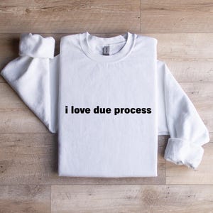 May include: A white sweatshirt with the text "i love due process" printed in black. The sleeves are folded. The garment is displayed on a wooden surface. The Gildan tag is visible.