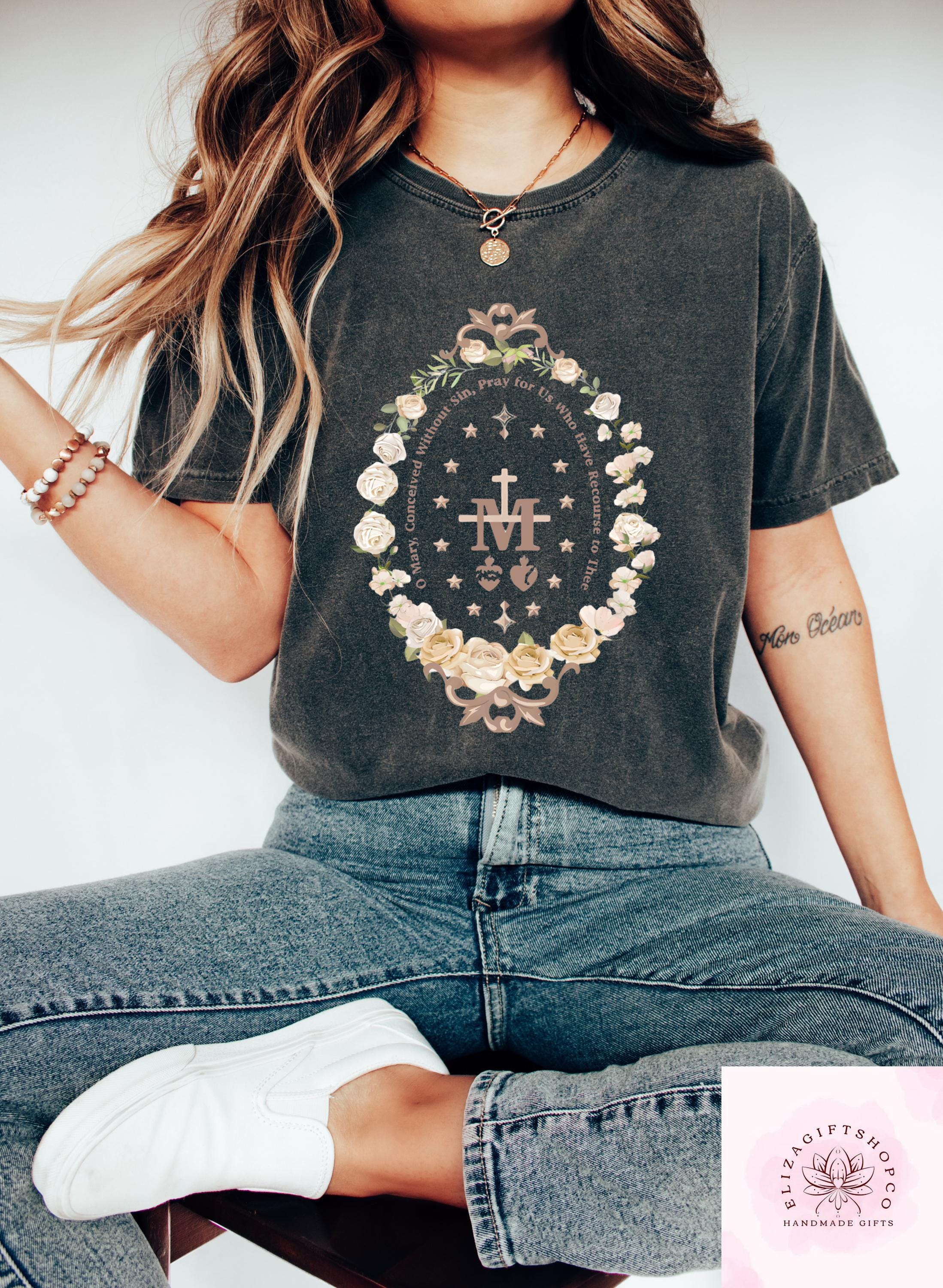 Marian Cross T-shirt: Floral Virgin Mary Catholic Gift - Etsy