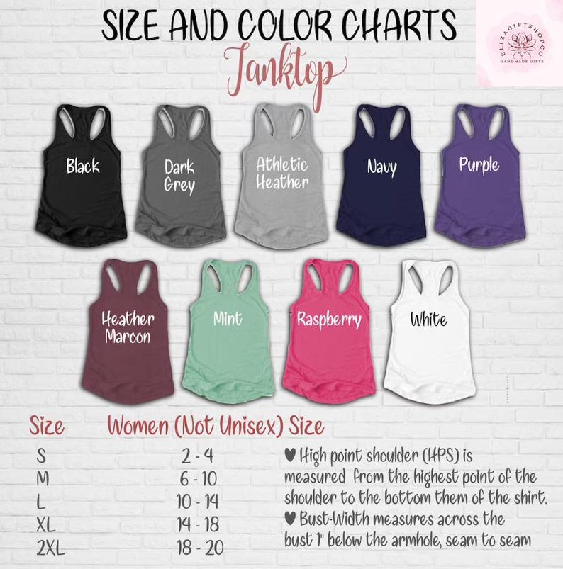 Puede incluir: Tabla de tallas y colores para camisetas sin mangas, con colores como negro, gris, azul marino y blanco. Las tallas van de la S a la 2XL, con las tallas de mujer correspondientes. La tabla incluye informaci&oacute;n de medici&oacute;n.