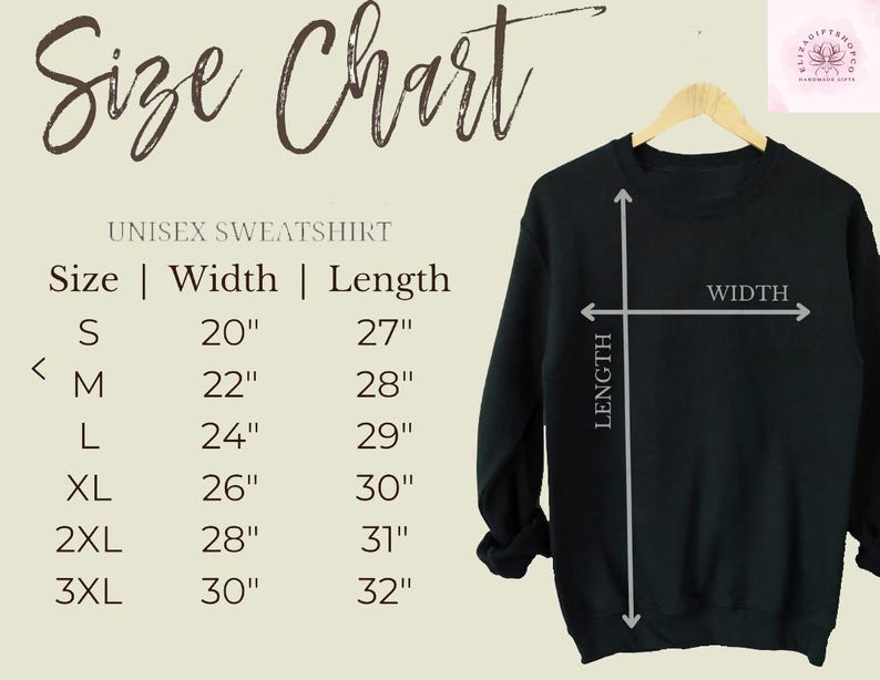 Puede incluir: Una sudadera unisex negra en una percha, con medidas indicadas por flechas. Una tabla de tallas muestra el ancho y el largo en cent&iacute;metros para las tallas S a 3XL. El texto "Size Chart" est&aacute; en la parte superior.