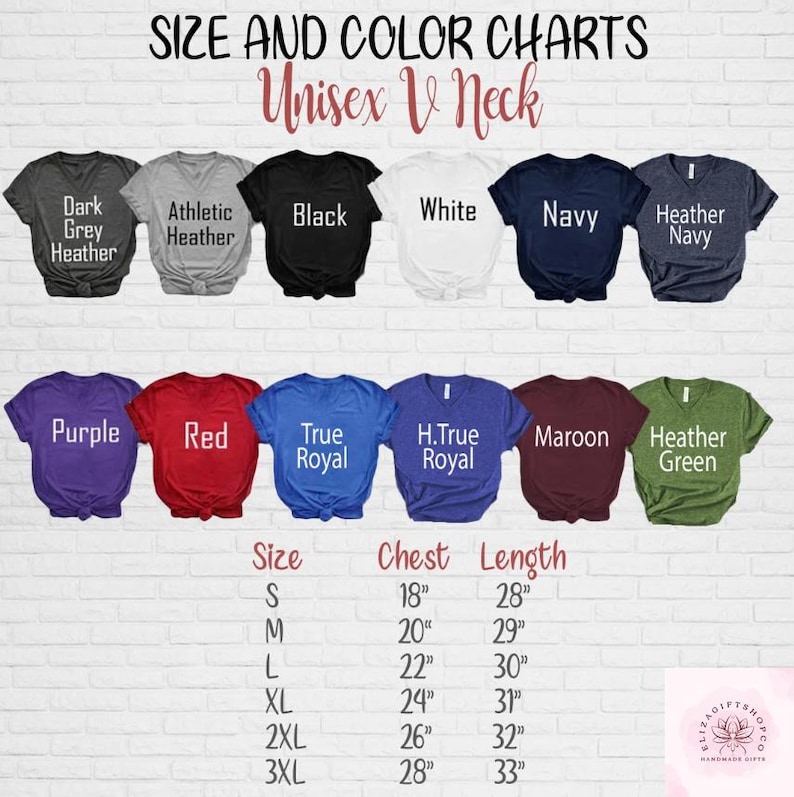 Puede incluir: Una tabla de tallas y colores para camisetas unisex con cuello en V. La tabla muestra varios colores de camisa, incluyendo negro, blanco, azul marino y azul marino jaspeado. Tambi&eacute;n muestra tallas de la S a la 3XL, con medidas de pecho y largo en pulgadas.