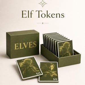 May include: A set of Elf Tokens with an olive green box and matching tokens. The box is labeled "ELVES" in gold lettering. The tokens feature an illustration of an elf and the text "1/1". The set includes 10 tokens and an organization box.