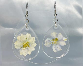 Pressed Flower Resin Earrings | Real Dried Blossom Teardrop Jewelry with Silver Hook | Nature-Inspired Handmade Gift for Her | Birthday Gift