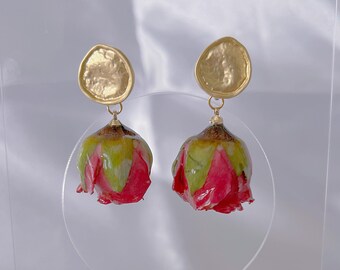 Real Rose Resin Earrings | Dried Flower Drop Earrings with Gold Studs | Botanical Jewelry Gift for Her | Birthday, Anniversary gift