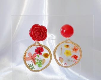 Red Flower Resin Earrings | Gold Statement Jewelry | Real Pressed Floral Earrings | Romantic Gift for Her | Unique Colorful Accessory