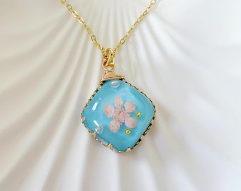 Pressed Cherry Blossom Resin Necklace | Square Pendant Botanical Jewelry | Handmade Floral Necklace | Gift for Her