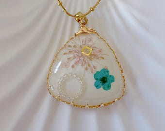 Pressed Blossom Resin Necklace | Gold Frame Triangle Pendant with Queen Anne's Lace & Pearls | Handmade Botanical Jewelry | Gift for Her