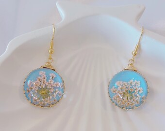 Pressed Flower Resin Earrings | Blue Floral Round Dangles | Real Dried Flower Jewelry | Gold Botanical Earrings | Handmade Gift for Her