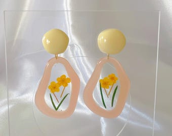 Yellow Flower Resin Earrings | Nude Irregular Botanical Jewelry | Real Pressed Floral Earrings | Gift for Her | Nature Inspired Accessory