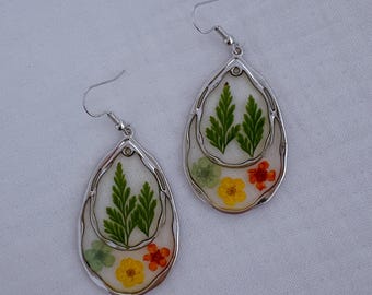 Pressed Flower Resin Earrings | Real Wildflower Jewelry with Silver Oval Frame | Botanical Dangle Earrings | Gift for Nature Lover or Her