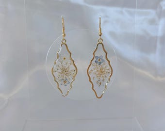 Pressed Flower Gold Resin Earrings | Blue Botanical Teardrop Dangles | Real Dried Flower Jewelry | Handmade Gift for Her | Bridesmaid Gift