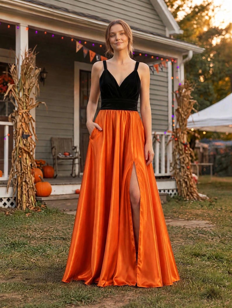 Buy Black Velvet & Orange Satin Infinity Dress, Gothic Halloween Gown Buy Black Velvet & Orange Satin Infinity Dress, Gothic Halloween Gown
