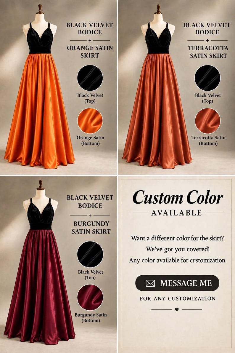 Buy Black Velvet & Orange Satin Infinity Dress, Gothic Halloween Gown Buy Black Velvet & Orange Satin Infinity Dress, Gothic Halloween Gown